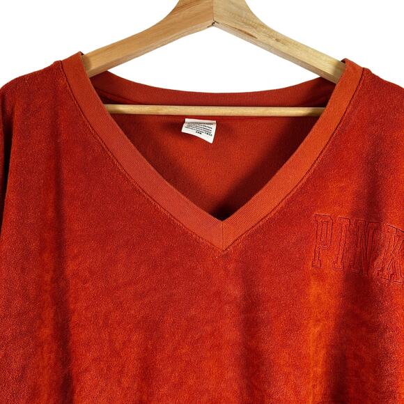 Victoria's Secret Pink Varsity Terry V-Neck Long Sleeve Orange Sweater Size XL - Picture 3 of 12